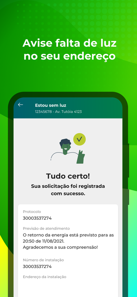 A smartphone screen from the Cemig Atende app showing a successful power outage report confirmation