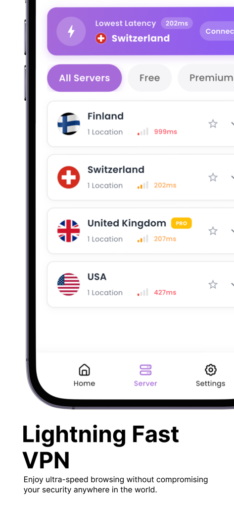 Captura de tela do aplicativo Qero VPN mostrando uma lista de servidores globais de alta velocidade, incluindo EUA, Reino Unido, Suíça e Finlândia.
