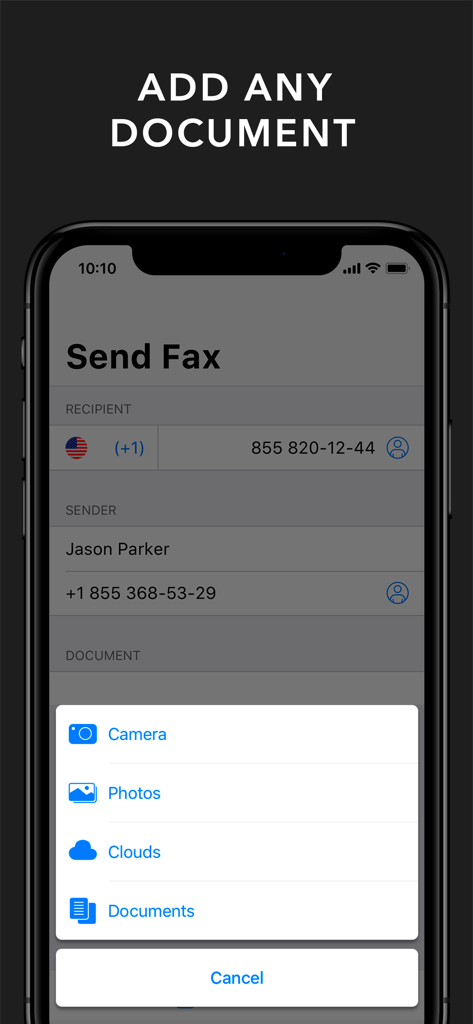 Add document menu in the Fax from iPhone app showing options for camera photos and cloud storage