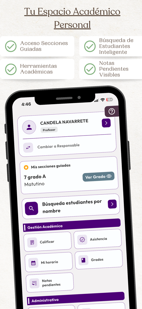 Mobile interface of the Asuncion-Leon app showing academic management tools like attendance and grade tracking