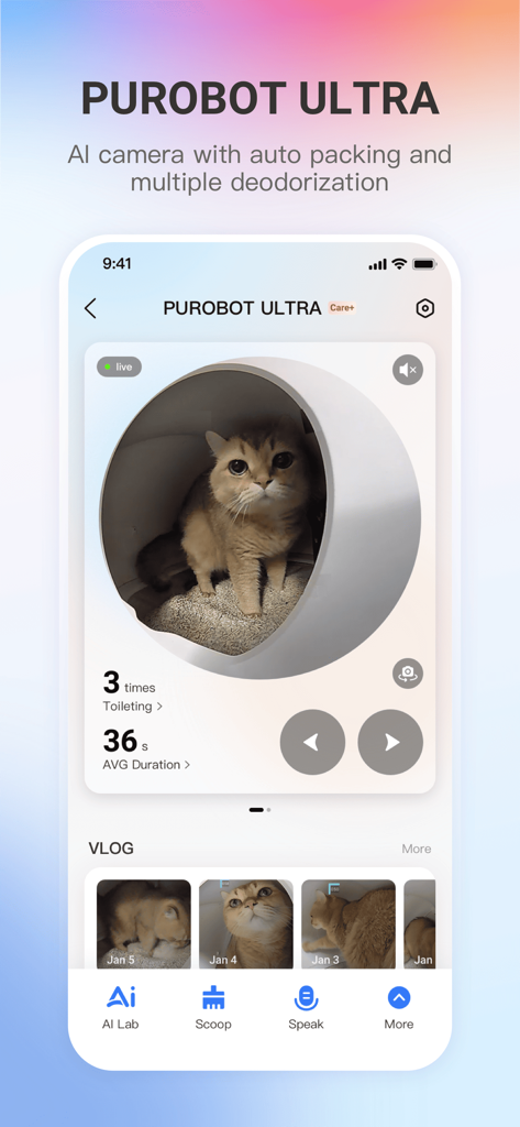 PETKIT app screen showing live camera view and health data for a cat using a smart litter box.