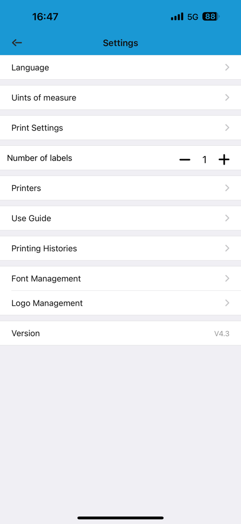 Pantalla de configuración de la aplicación Zlabel con opciones de configuración para unidades de idioma, ajustes de impresión y gestión de logotipos.