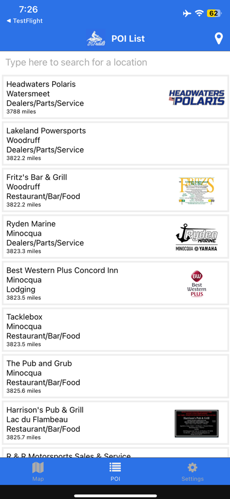 Groomer Tracking Systems - POI list in the GTS Trails app showing local snowmobile services restaurants and lodging nearby