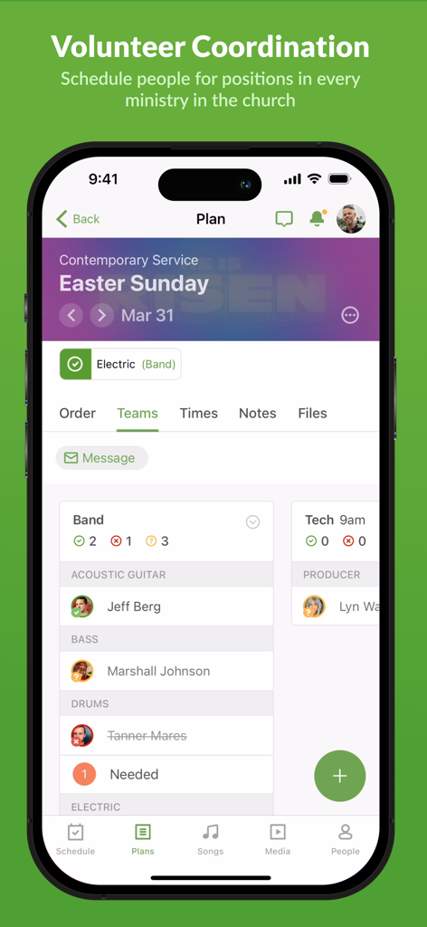 A mobile app screen showing volunteer coordination and team scheduling for an Easter Sunday church service.