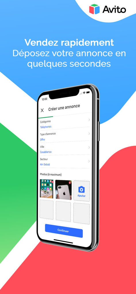 Interfaz de la aplicación móvil Avito.ma mostrando el formulario para crear un nuevo anuncio clasificado en francés