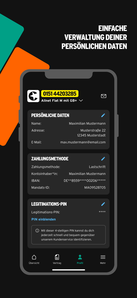 Profile screen of the congstar mobile app for managing personal information and payment details