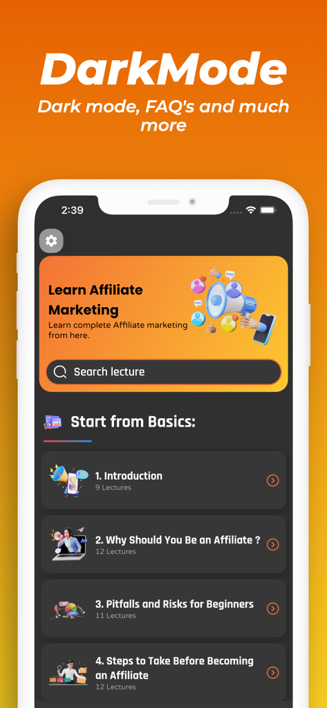 Learn Affiliate Marketing Proのモバイルアプリインターフェイス。入門講義のリストが表示されたダークモードのコースダッシュボードが表示されます。