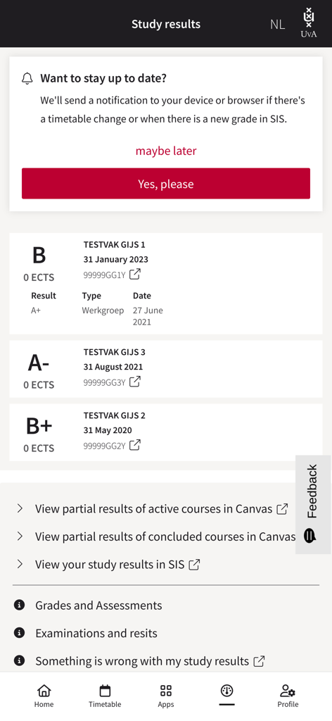 My UvA - The study results interface of the My UvA app displaying student grades and academic progress