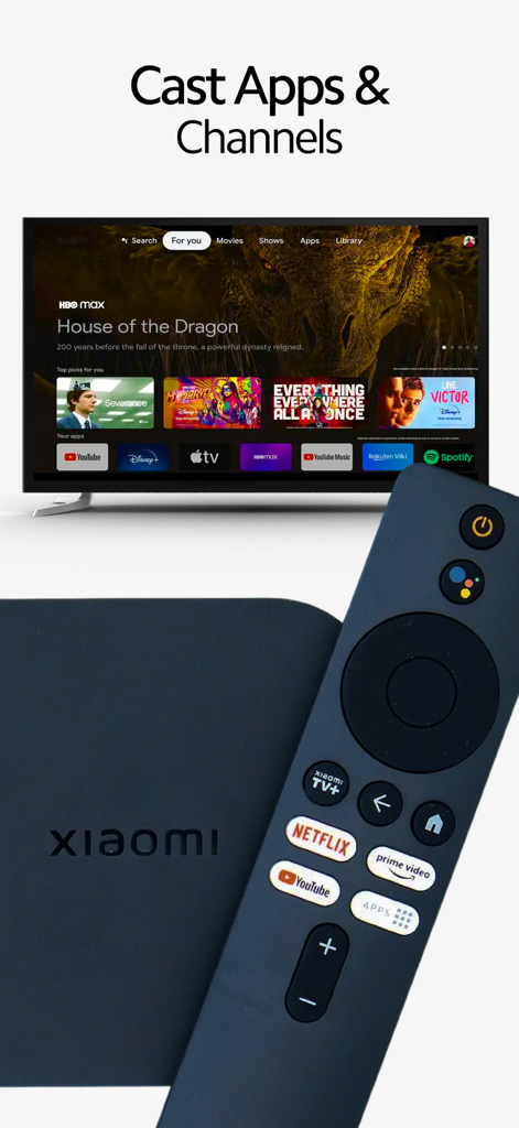 MI Remote・TV Box Controller - A Xiaomi Mi Box and physical remote in front of a television displaying streaming channels.