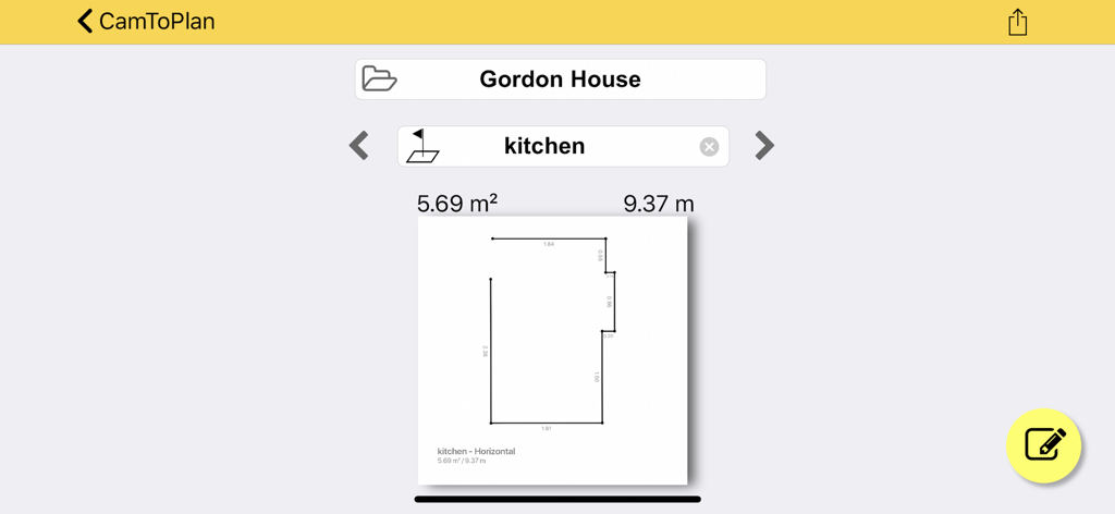 CamToPlan - AR tape measure - Digital 2D kitchen floor plan showing area and perimeter measurements in the CamToPlan app interface