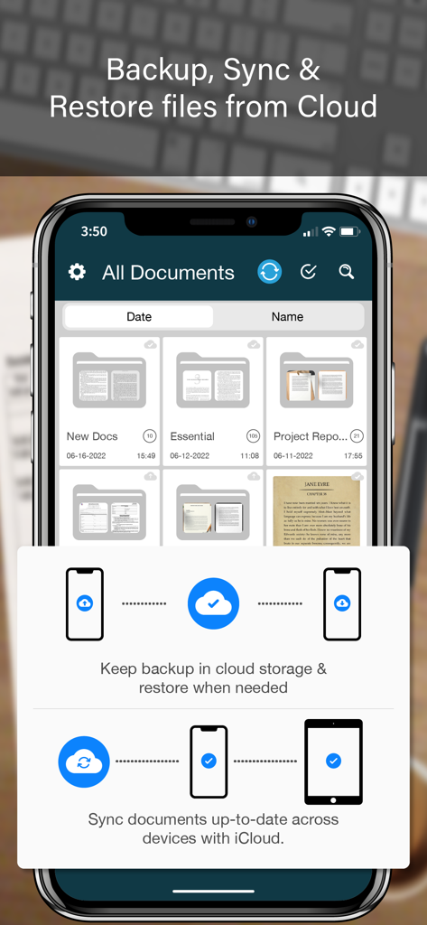 Interface de l'application Pro Scanner montrant les fonctions de sauvegarde cloud et de synchronisation des documents