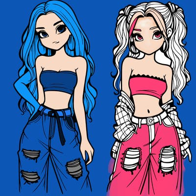 2 girls in crop tops and baggy jeans ripped