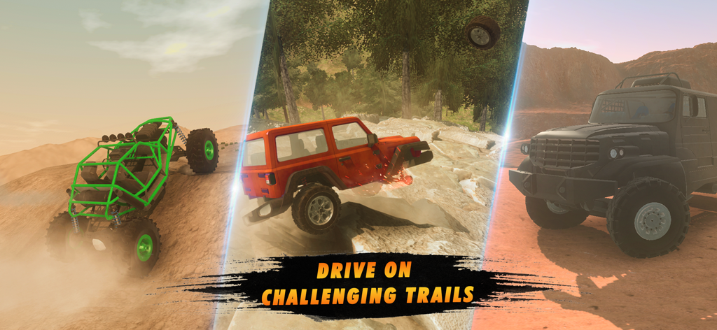 Real Offroad 4x4 Mud Trucks - A compilation of three off-road vehicles including a buggy, SUV, and truck navigating rugged terrains in Real Offroad 4x4 Mud Trucks.