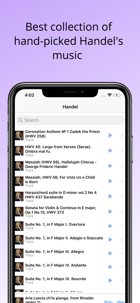 Screenshot of the Handel music app interface featuring a curated list of classical tracks and a search bar