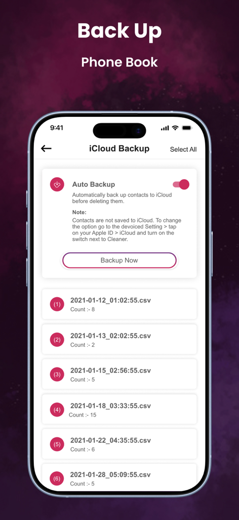 Phone Cleaner - Storage Clean - Pantalla de copia de seguridad de contactos y sincronización de iCloud en la aplicación Phone Cleaner que muestra una lista de archivos de copia de seguridad guardados.