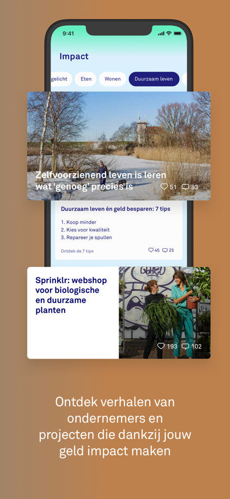 Impact section of the Triodos Bank app showing sustainable project stories