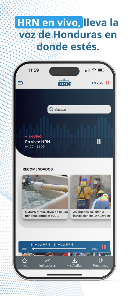 Pantalla principal de la aplicación Radio HRN mostrando transmisión en vivo y contenido de noticias