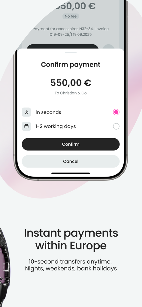 Finom • Business Account - Finom mobile App-Oberfläche, die eine sofortige Zahlungsbestätigung für 550 Euro zeigt