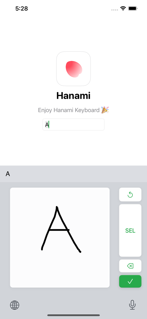 Interface de l'application de manuscrit japonais Hanami montrant un caractère dessiné à la main en cours de reconnaissance dans le champ de saisie