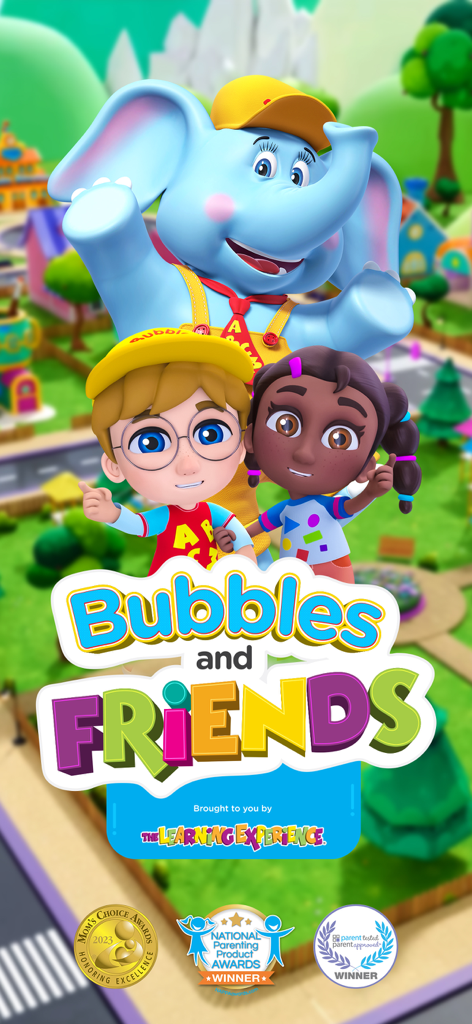 Bubbles & Friends - Bubbles and Friends app splash screen featuring cartoon characters and educational award badges