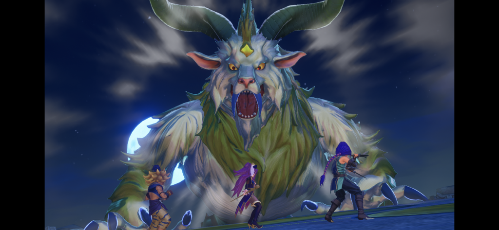 Three heroes facing a giant horned beast boss during a night battle under a full moon in Trials of Mana