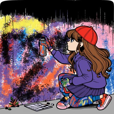 realistic girl spray panting a wall