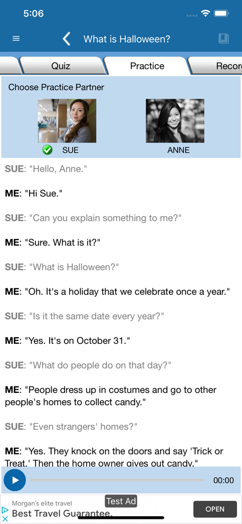 Speak English Conversation - A screenshot of the Speak English Conversation app showing an interactive dialogue practice session about Halloween.
