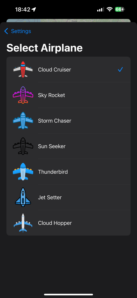 Flight Mode Map - Selection screen in Flight Mode Map app showing a list of customizable airplane icons like Cloud Cruiser and Sky Rocket