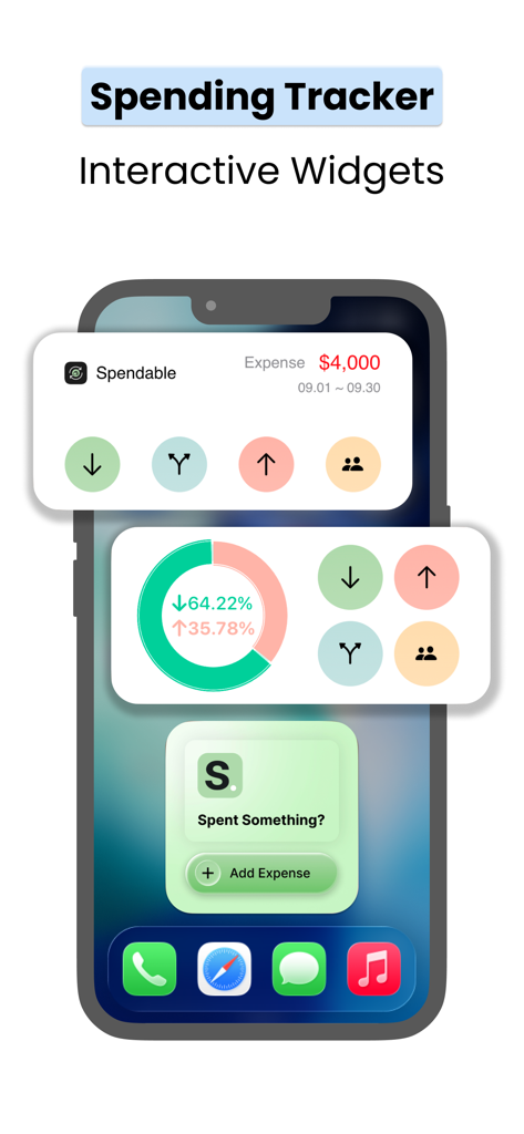 The Bills Organizer: Spendable - Pantalla de iPhone que muestra widgets interactivos de seguimiento de gastos de la aplicación Spendable, que incluyen un atajo para agregar gastos y un gráfico de gastos.