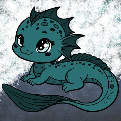 a single adorable baby water dragon with fins and mermaid tail