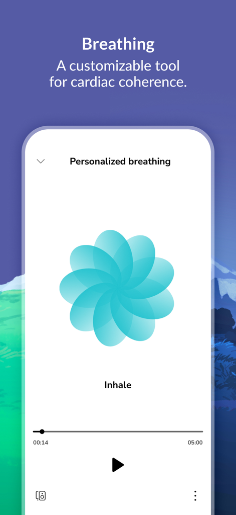 Interfaz de la app Petit BamBou que muestra una herramienta de respiración personalizable para la coherencia cardíaca con un icono animado de flor.