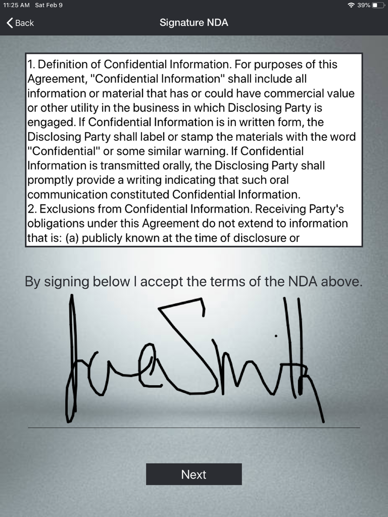 Digital NDA signature screen on an iPad for visitor check in
