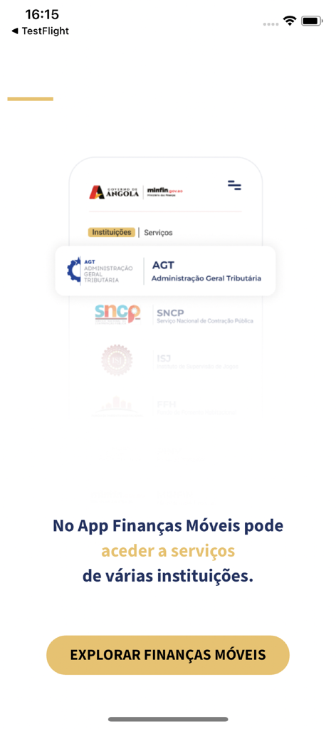 Tela inicial do App Minfin mostrando acesso a várias instituições e serviços financeiros angolanos