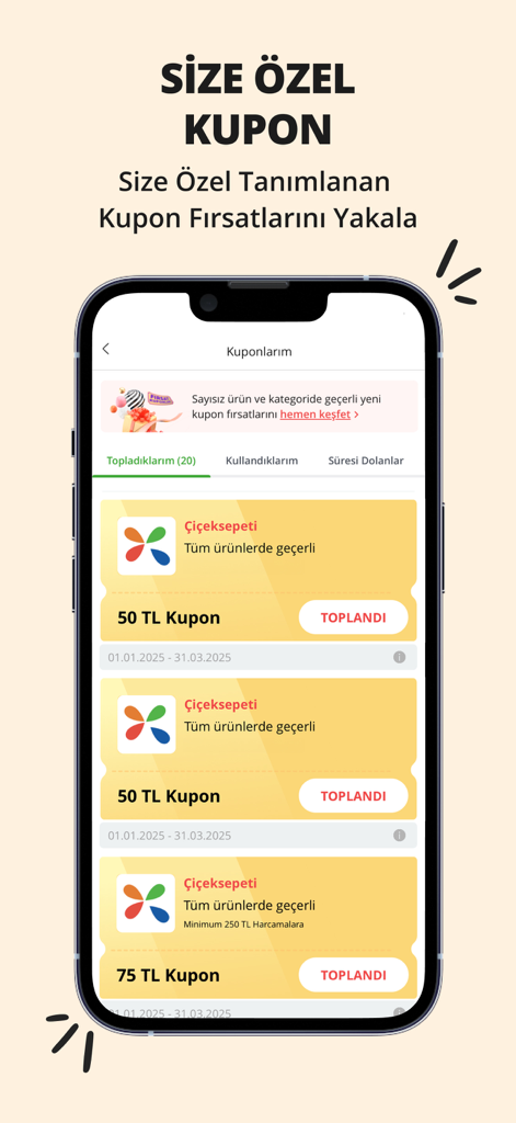 Ciceksepeti mobile app interface showing the My Coupons section with several available discount offers and rewards