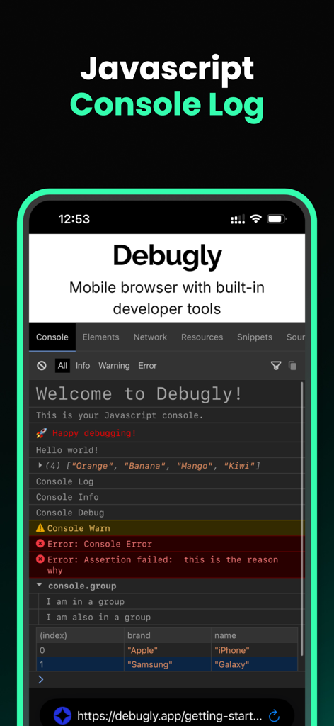 Web Inspector & Dev Tools - Pantalla de smartphone mostrando una consola JavaScript con registros de depuración y errores