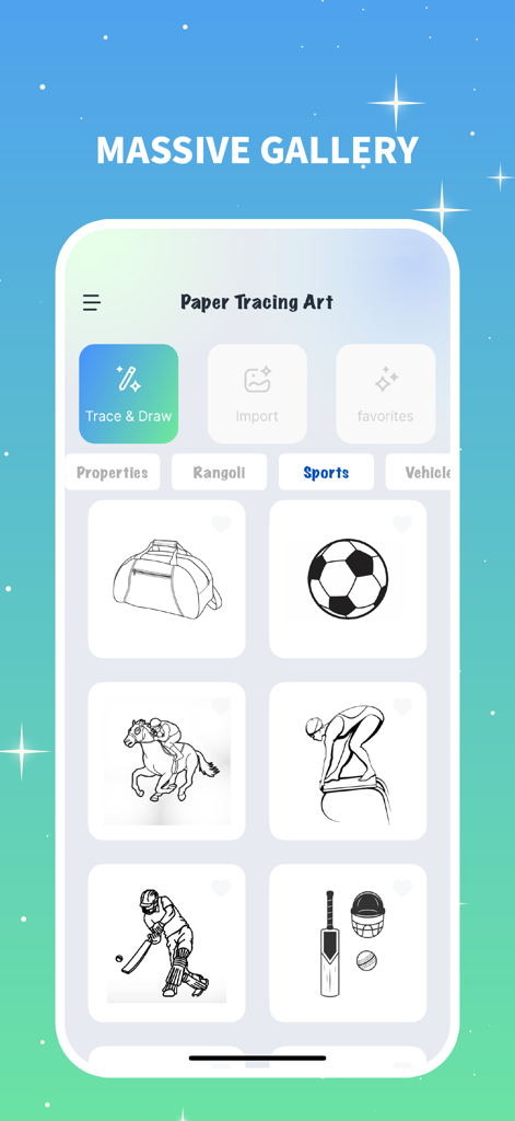 SketchLens: AR Draw - A gallery of sports themed tracing stencils including a soccer ball and cricket player in the SketchLens app.