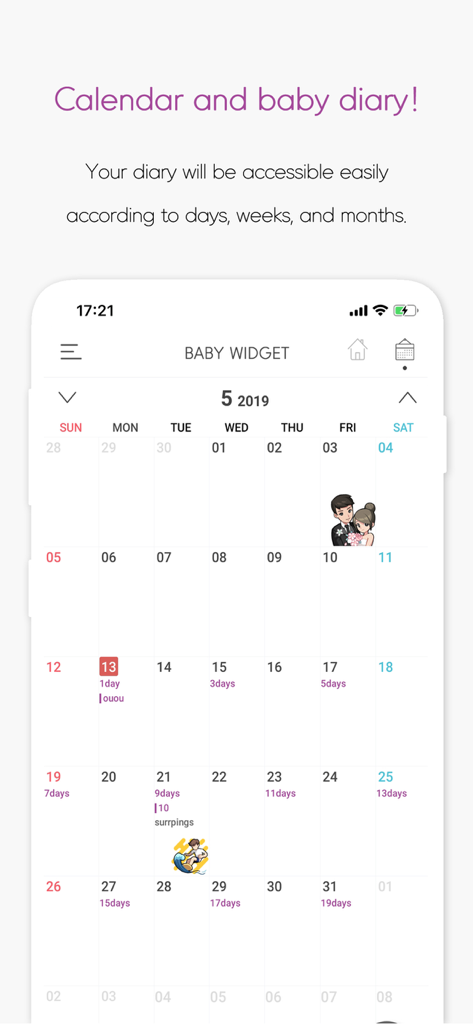 Baby Widget : Baby Tracker - Pantalla del calendario de la aplicación Baby Widget que muestra los hitos de crecimiento diario y las entradas del diario registrados