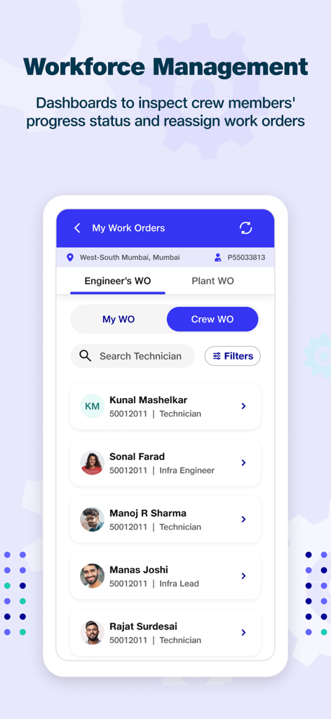 JPW Network - JPW Network app dashboard for workforce management showing a list of crew members and their job roles