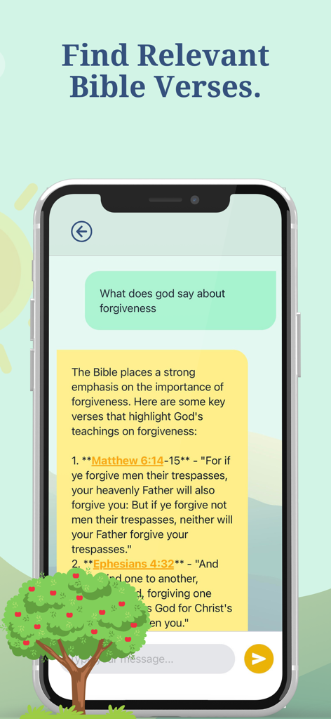 Bible Talk - Deepen Your Faith - Una interfaz móvil de la aplicación Bible Talk que muestra un chat de IA sobre el perdón y versículos bíblicos relacionados.