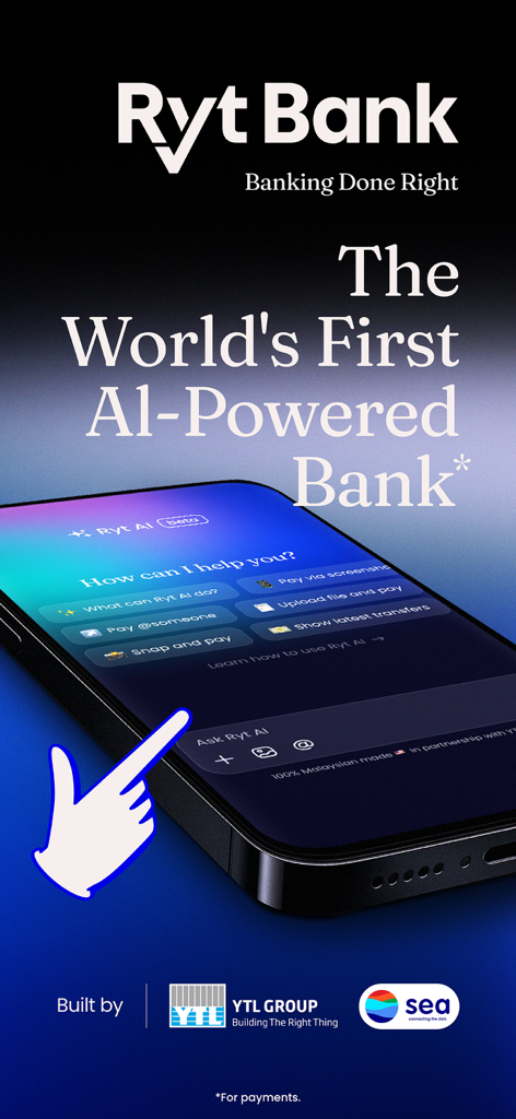 Ryt Bank Smartphone-Bildschirm, der seine KI-gestützte Benutzeroberfläche mit Optionen für Snap and Pay und Überweisungen zeigt