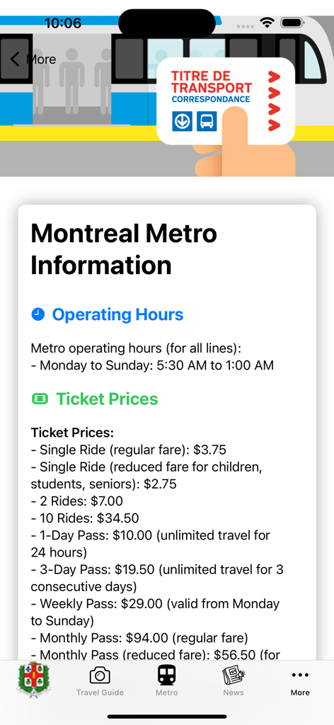 몬트리올 메트로 운영 시간 및 티켓 가격 화면
