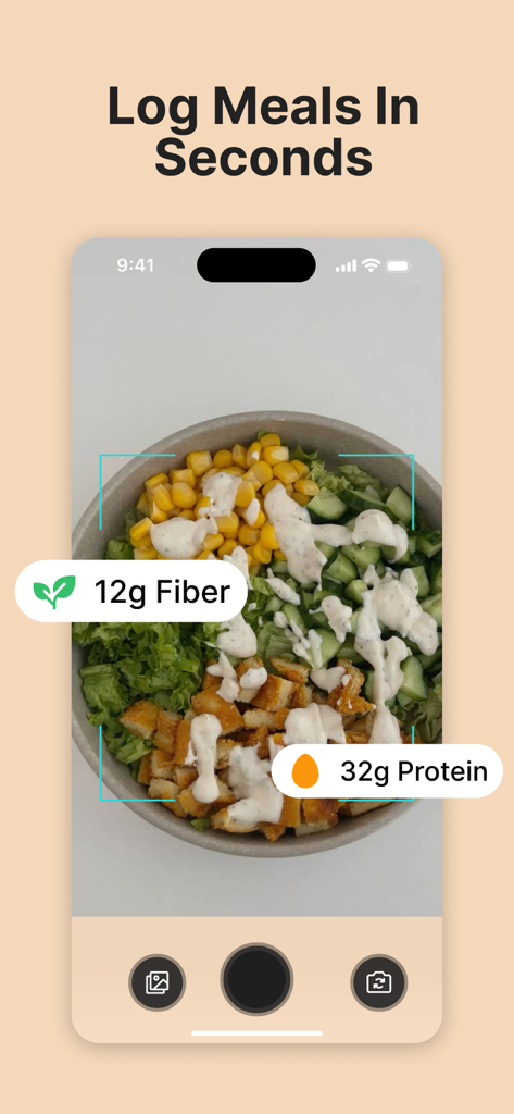 GLP-1 Tracker Mounjaro: Mingo - Mingo app interface showing AI meal logging with protein and fiber detection from a food photo