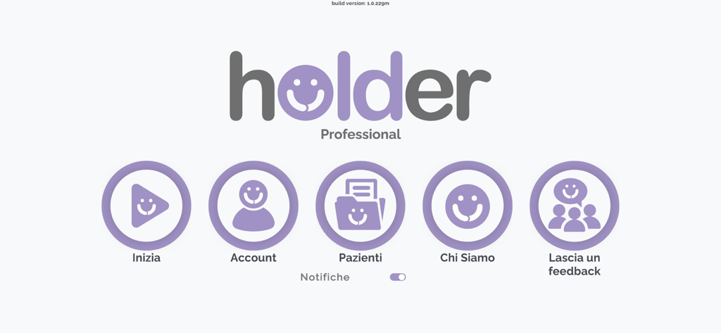 hOLDer - hOLDer Professional 앱의 메인 메뉴로, 훈련 시작, 계정 관리, 환자 모니터링을 위한 탐색 아이콘이 특징입니다.