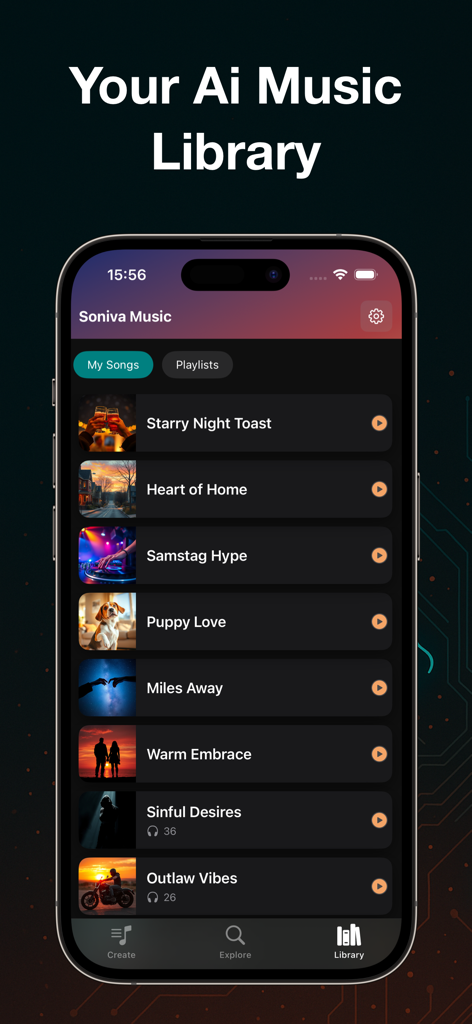AI Song Maker - Soniva Music - User interface of Soniva Music app displaying a library of AI-generated songs and playlists