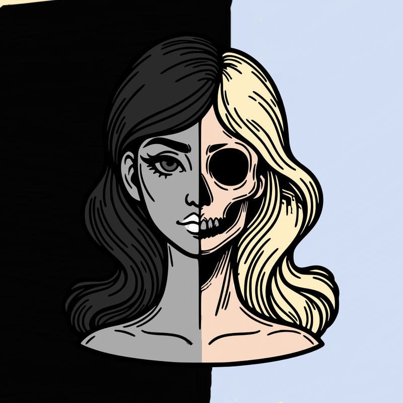 bust of a woman, half face and hair, half skull