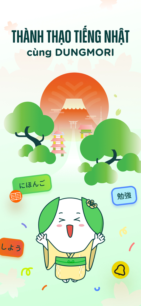 DUNGMORI - Intro screen of the DUNGMORI app for learning Japanese featuring a cute mascot and iconic Japanese scenery like Mount Fuji and pagodas
