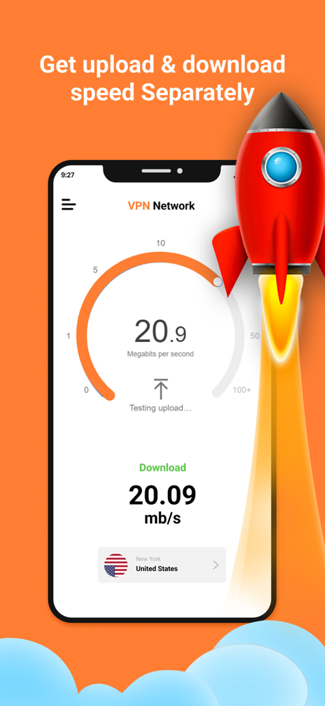 Video downloader with VPN - Speed test screen showing separate upload and download megabits per second for a VPN connection