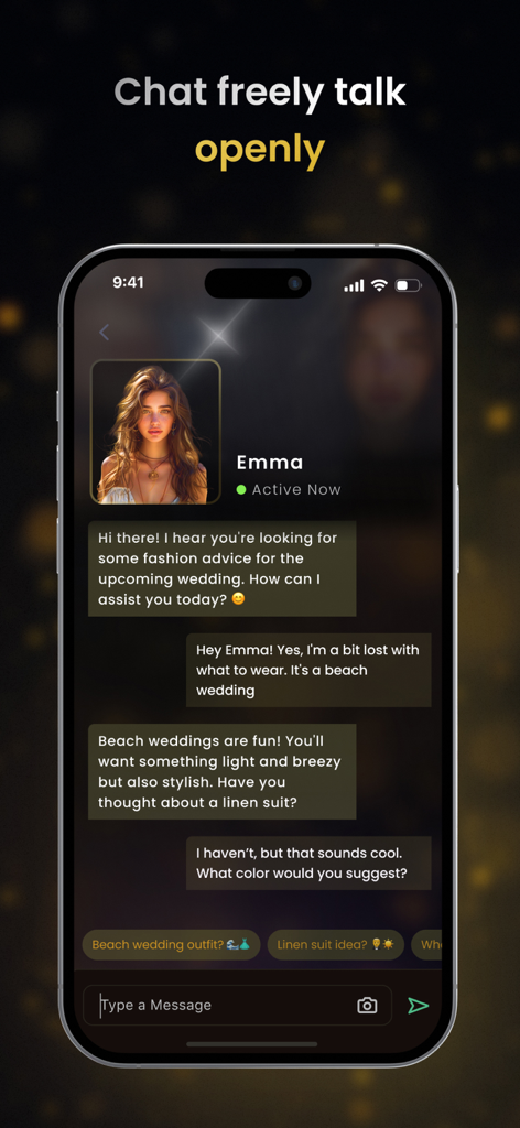 Chat with AI Friend - Chatbot - A screenshot of the Chat with AI Friend app showing a chat interface where a user is getting fashion advice from an AI character named Emma
