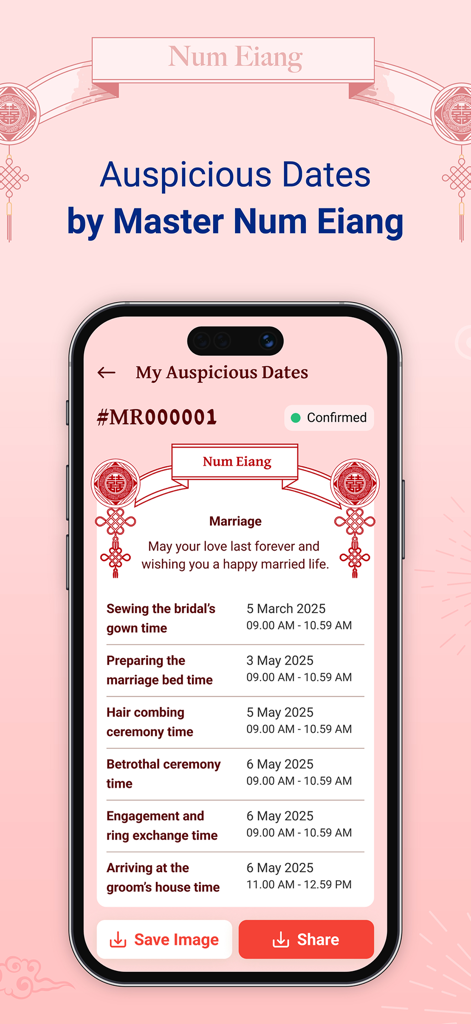 Smartphone screen displaying auspicious dates and times for a marriage ceremony in the Num Eiang app