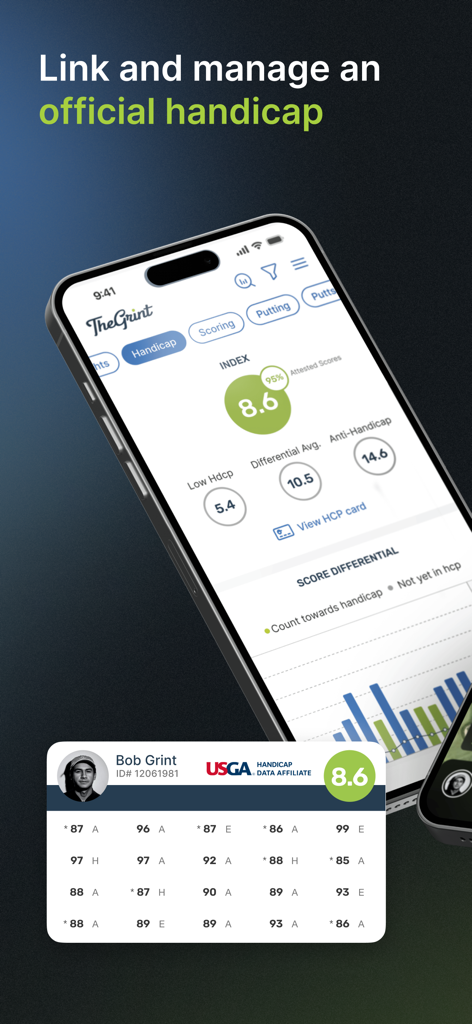 TheGrint App-Oberfläche, die den offiziellen USGA-Golf-Handicap-Index und die Leistungsanalysen eines Benutzers auf einem Smartphone-Bildschirm zeigt.